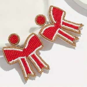 RED, WHITE & GOLD BOW BEADED STUD EARRINGS-NEW-GAME‎ DAY GAMEDAY
